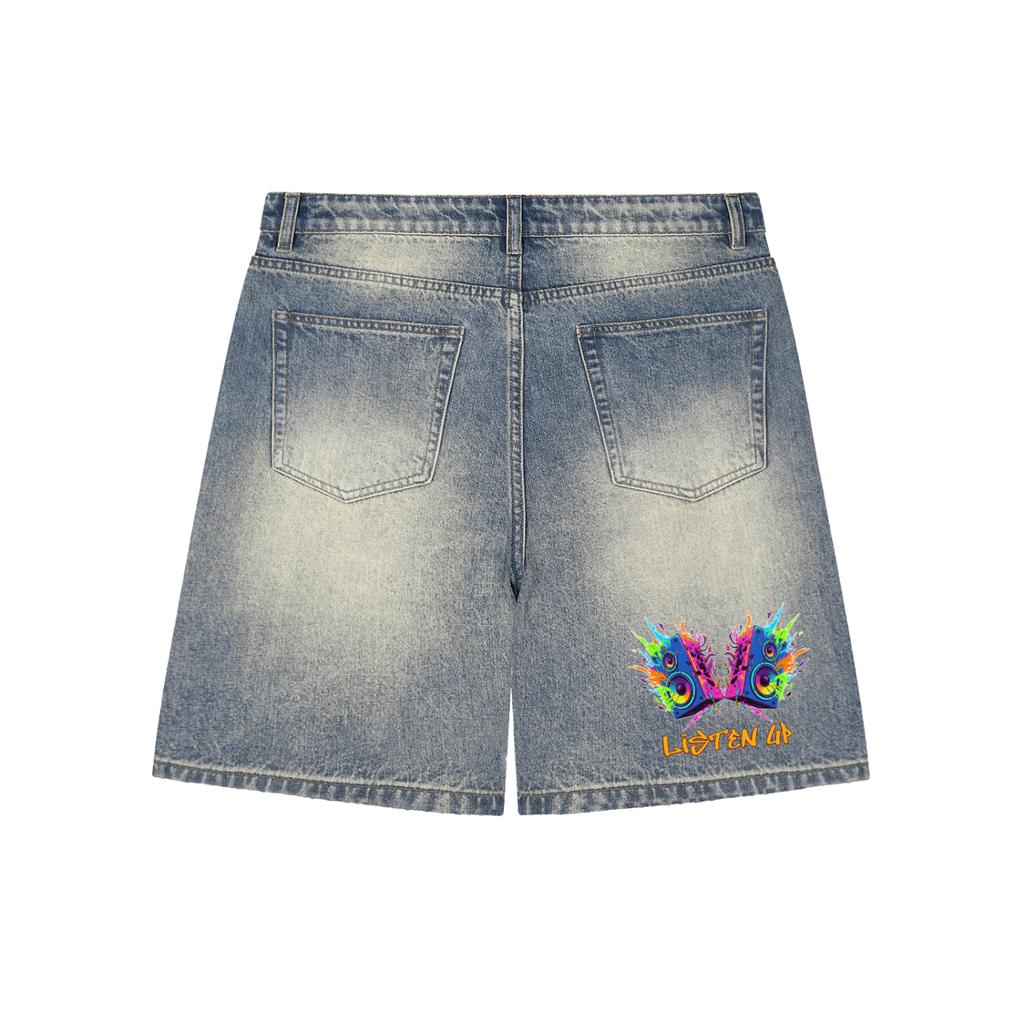 short jeans,Faded Distressed Baggy Denim S,baggy short Listen Up Shop,Listen Up Shop baggy short